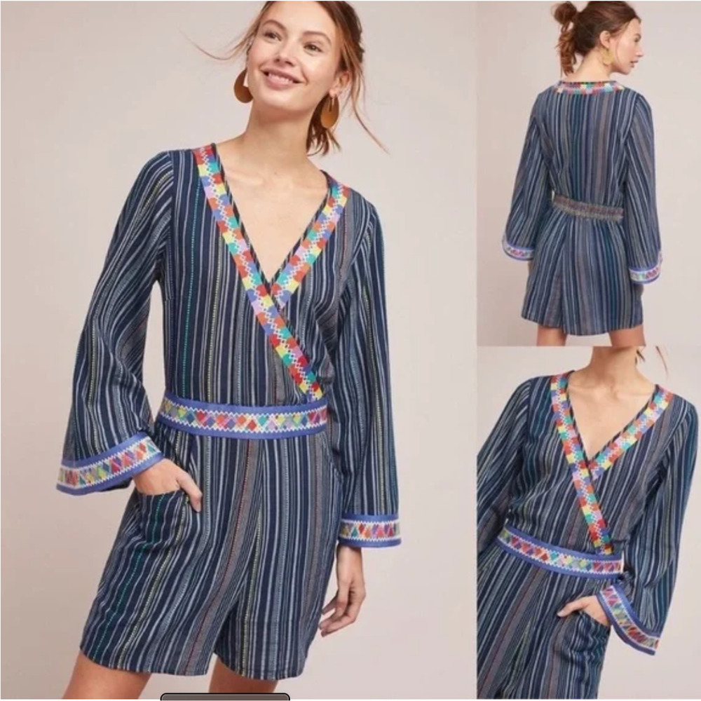 LAIA Anthropologie Nantucket Romper‎ Women Medium Striped Bell Sleeves Excellent